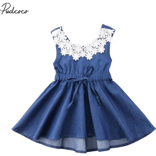 Helen115 Lovely Kids baby girl clothes Lace Floral Denim Sleeveless Dresses Outfits 1-6Years