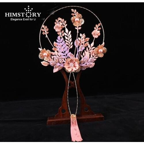 HIMSTORY Luxury Gold Bridal Fan Bouquets Classic Chinese Handmade Flowers Metal Round Hand Fan Wedding Accessories