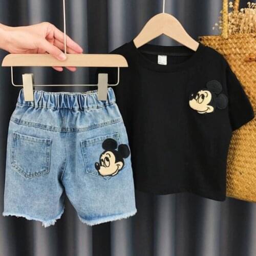 2-piece Disney Boy Mickey Cotton T-shirt Set New Fashion Boy Girl Summer Cartoon Short Sleeve Jeans Shorts