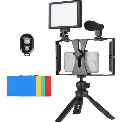 Smartphone Video Rig camera Cage with Phone holder 3 Cold Shoe Mounts+USB LED LIght with 5 Filters+Mic+Tripod+Remote Shutter