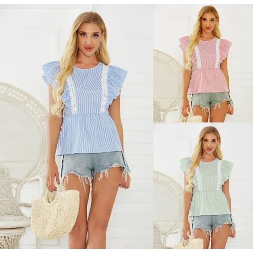 2021 Summer New WomenS Striped Top T-Shirt Blue Green Pink Short Sleeves Shirt YY126