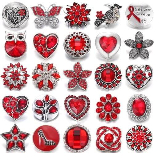 6pcs/lot Hot Sale Snaps Jewelry Red Rhinestone Flower 18mm Metal Snap Buttons Fit Metal Snap Bracelet Necklace Jewelry
