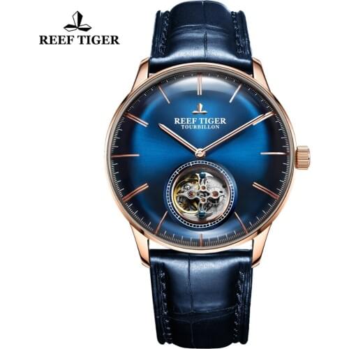 New Reef Tiger/RT Top Brand Luxury Tourbillon Watch Genuine Leather Strap Blue Automatic Watches relogio masculine RGA1930