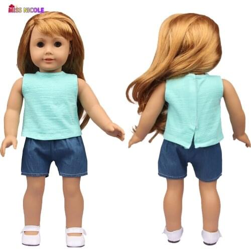 Doll Clothes Summer New Cute 18 Inch Doll Green short sleeves and blue shorts Girls Gift Clothes For 43 Cm New Baby Born Dolls