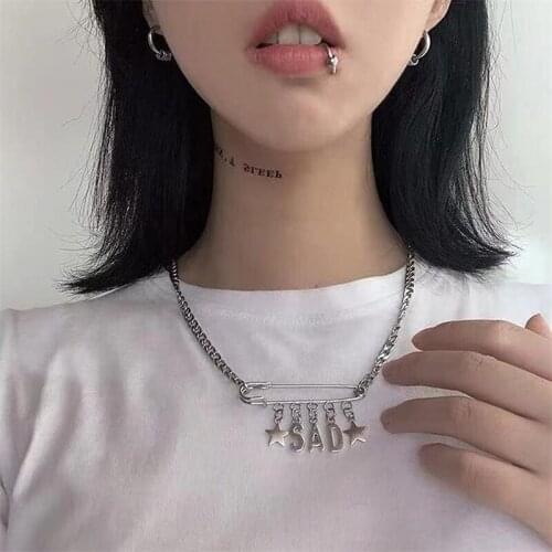 Punk SAD Letter Star Safety Pins Pendant Necklace For Women Men Cool Hip Hop Funny Choker Necklace Trendy Unisex Jewelry