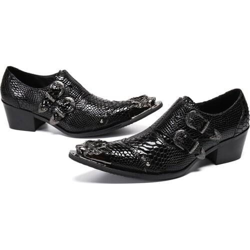 Chic Black Crocodile Grain Shoe Mens Fashion Double Buckle Luxury Mans Formal Shoes Metal Toe Gentry Office Party Dress Shoes