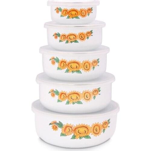 Retain Freshness Bowl Ceram thickening Enamel Bowl PP Sealing Cover 5 pieces set Bowl Box