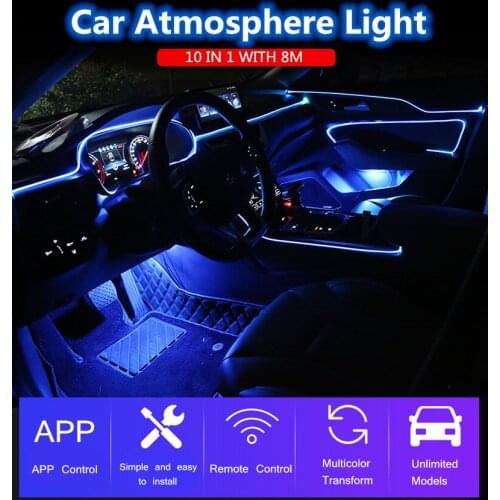 10 in 1 RGB LED with 8M Interior decoration car fiber optic strip light by App Control 12V decorative atmosphere lamps Universal