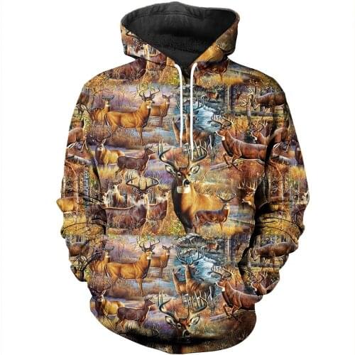 Vintage Fashion Mens Hoodie 3D Printed Animal Deer Sweatshirt Unisex Harajuku Streetwear Sudadera Hombre Moletom Masculino