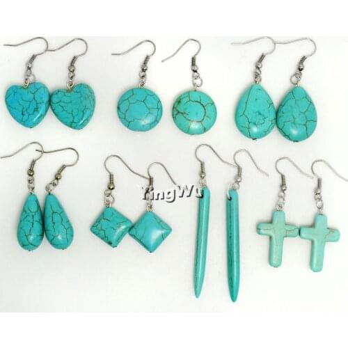 Yingwu Bohemia Vintage Long Drop Earrings for Women Boho Jewelry Mix Styles Blue Turquoises Stone Silver Earrings