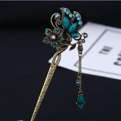 Vintage Tassel Fork Ancient Gold Resin Butterfly Hairpins Hair Jewelry Women Fashion Flower Hair Sticks Wedding Hair Accessories