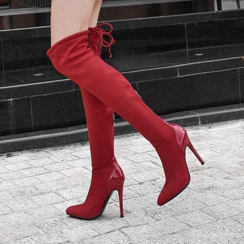 YMECHIC 2019 Fashion Stiletto High Heels Red Black Boots Slim Stretch Flock Long Tight Over The Knee Boots Autumn Winter Shoes