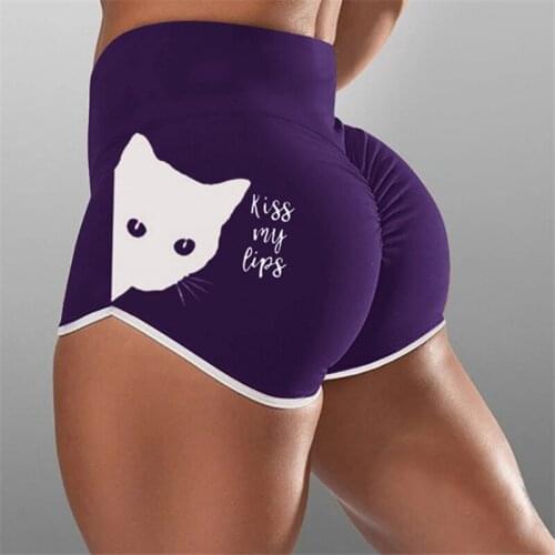 Printed Funny Cute Cat Pajamas Short Pants Stretch Skinny Sports Shorts Ladies Yoga Hot Short Summer Running Gym Outdoor Large S