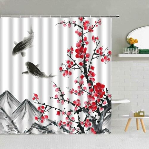Chinese Style Plum Blossom Fish Shower Curtain Ink Painting Landscape Polyester Bathroom Supplies Bath Screen Decor With Hooks