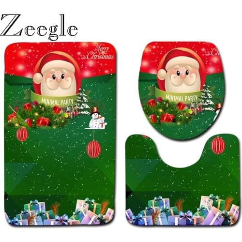 Zeegle Merry Christmas Bathmat Set Printed 3pcs Bath Set Lid Toilet Cover Anti-slip Bathroom Floor Mat Water Absorption Foot Rug