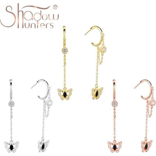SHADOWHUNTERS Real 925 Sterling Silver Butterfly Drop Earrings With Black Zircon Chain Earrings Elegant Women Jewelry Gifts 2021