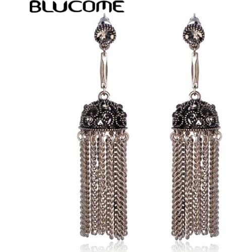 Blucome Vintage Long Pendant Tassel Earrings Antique Silver Color Accessories Women Lady Wedding Party Decoration Max Brincos