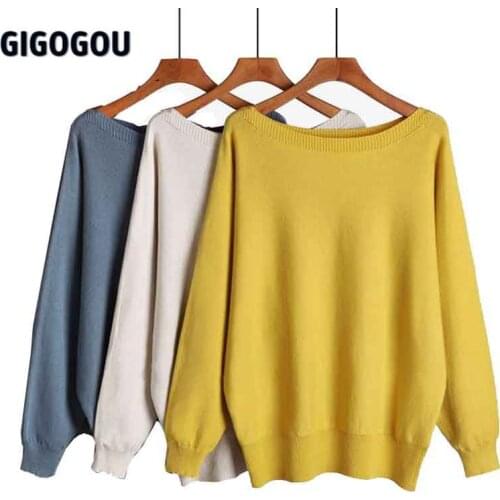 GIGOGOU Sexy Off Shoulder Womens Sweater Batwing Long Sleeve Knitted Female Jumpers Top Oversised Pullovers Ladies Pull Femme