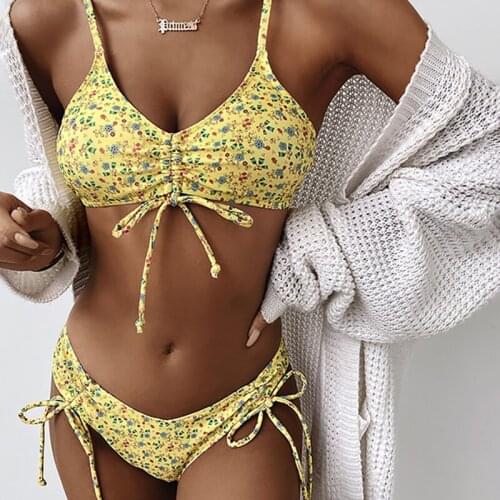 Yellow Floral Womens Swimwear Hot Sale 2021 High Waist Drawstring Adjustable Strap Swimsuit Lace Sexy Split Ladies Bikini