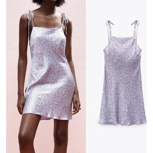 2021 Za Purple Print Mini Dresses Women Summer Sey Straight Neck Tied Spaghetti Straps Dress Fashion Party Elegent Female Dress
