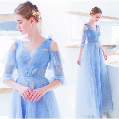SSYfashion V Neck Half Sleeves Lace Up Back Floor-Length Blue Evening Dresses Long Custom Party Formal Gown Vestido De Noche