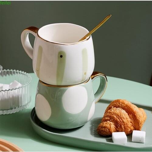 1PC Polka Dot Round-bellied Ceramic Cup Coffee Milk Oatmeal Cup Kitchen Mug Office Water Cup Couple Childs Gift Tableware