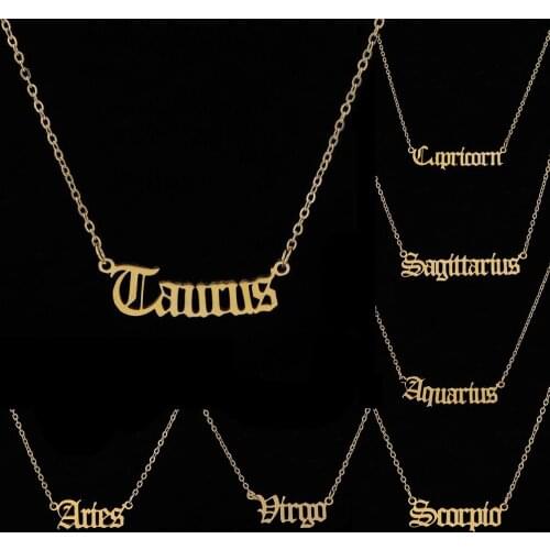 12 Constellation Vintage Letter Pendant Necklace for Women Stainless Steel Aries Cancer Leo Scorpio Necklace Jewelry Gifts