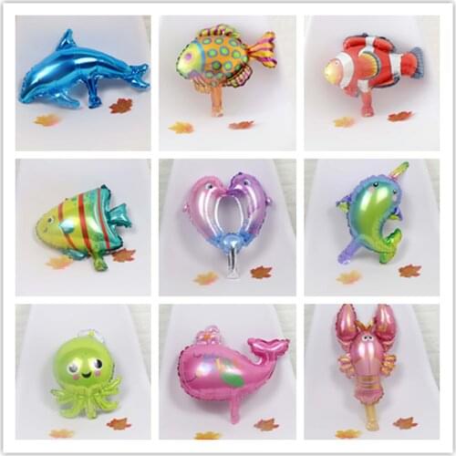 50pcs/lot Mini Sea Horse Shark Clown Fish Animal Balloon for children Birthday Party Decor Supplies foil Balloons Classic Toys