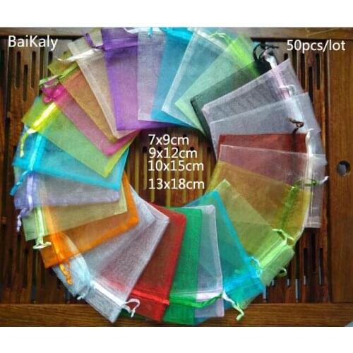 Fashion 50pcs 7x9 9X12 10x15 13x18cm Organza bag candy gift Jewelry Packaging bags Wedding Gift Packaging Bag &Jewelry Pouches