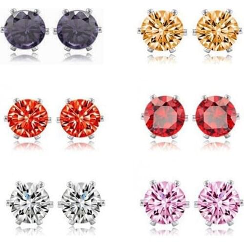 AMORUI 6mm AAA Zircon Stud Earrings Silver Color Round Shaped Crystal Earrings For Women Jewelry 6 Colors