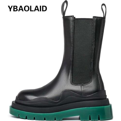 New Round Head Layer Cowhide Elastic Elastic Band Leather Splicing Sleeve Sponge Cake Bottom Chelsea Boots Men and Women Boots