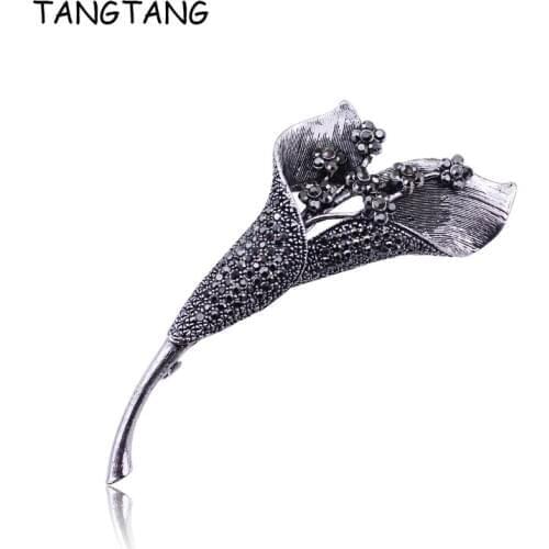 TANGTANG Flower Brooches For Women Antique Black Men Morning Glory Brooch Retro Rhinestone Lily Jewelry Pins Black Tone BH8446