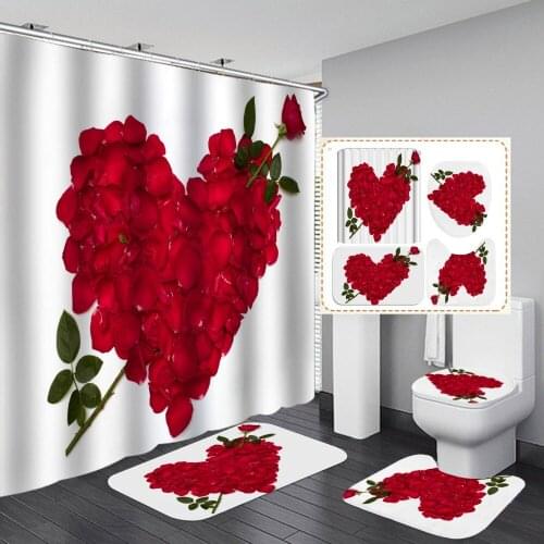 Red Rose Heart Printed Shower Curtains and Anti Slip Rug Mat Lid Toilet Cover Bathing Carpet 4 Pieces Waterproof Polyester Cloth