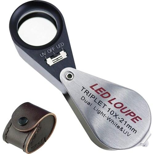 10X Magnification Jeweler Loupe Triplet Lens Magnifier with 6 LED UV Light 21mm for Gems, Jewelry, Coins, Stamps, Etc