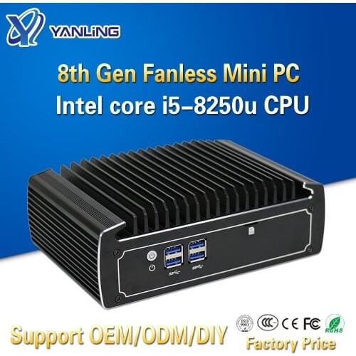 Yanling Fanless Desktop Computer Intel Core i5 8250u 4k Mini PC Dual Nic Barebone Nvidia i9 Thin Client support 3G 4G Module