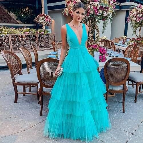 MVOZEIN Youthful Prom Dresses Tulle A-Line Deep V-Neck Sleeves Rulf Backless Long Evening Dress Formal Gown Party vestidos