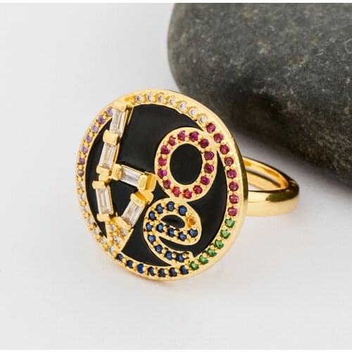 New Trendy Letter Romantic Love Round Adjustable Enamel Rings Charm Opening Ring For Women Lady Copper Zircon Stone Jewelry