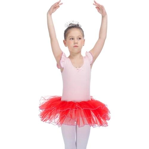 Retail Wholesale Puffy Sleeve Cotton Ballet Leotard Tutu Dress Girls Performance Costume Outfit
