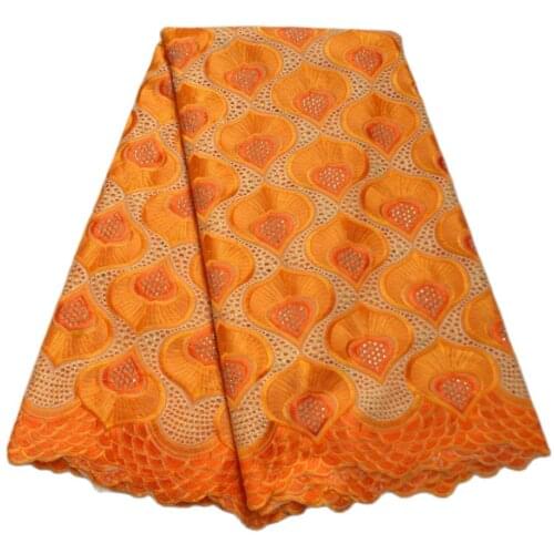 Orange high quality embroidered African fabric lace with stones 5 Yards embroidery swiss voile lace-N88150