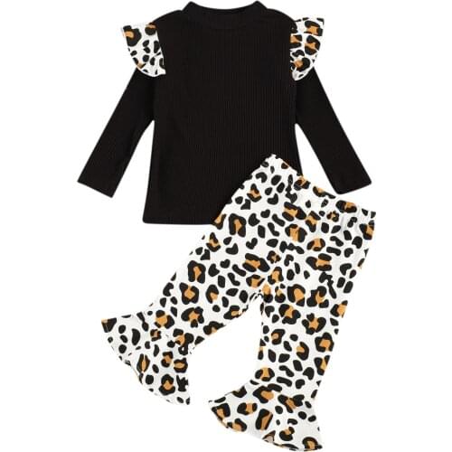 1-5Y Autumn Kids Girls Clothes Sets 2pcs Leopard Print Ruffles Long Sleeve Pullover Knit Tops Flare Pants