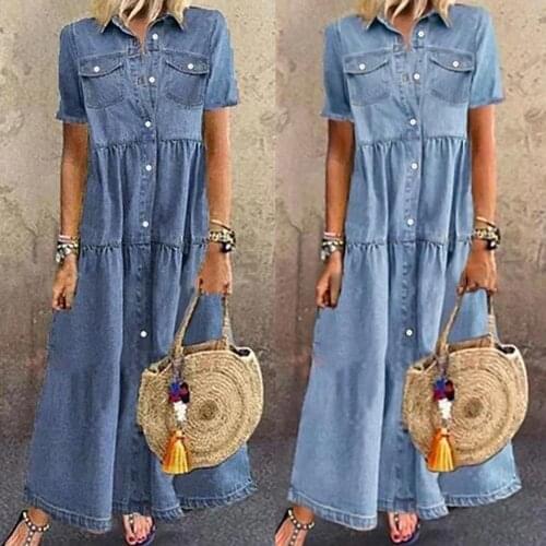 Denim Dress Retro Women Short Sleeve Turn Down Collar Pockets Spring and Summer Denim Dress Pockets Button Long Loose Plus size