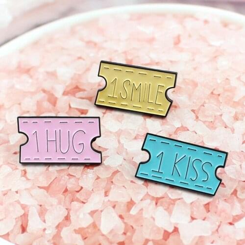 Pink yellow blue Enamel Brooches 1 smile 1 Hug 1 kiss Slogan word Label Letter pins Lapel shirt Knapsack hat badge Jewelry gift