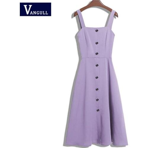 Vangull Sexy Suspender Sleeveless Dress Women Slash Neck Solid Mid-Calf Dress Fashion Sling Single Breasted Female Party Dress