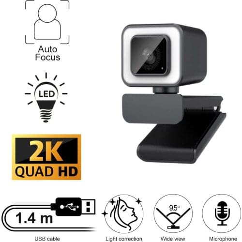 AF Web Camera 2K Cam With USB Connector, LED Light, Microphone for Skype, MS Teams, Zoom, Home Office, Video Chat, Conference