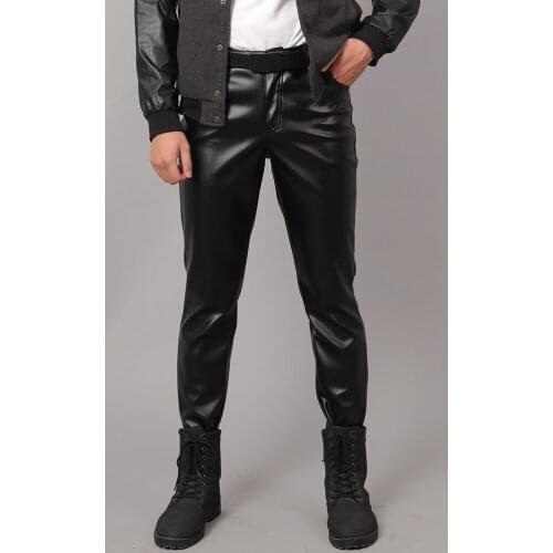 2021 Spring And Autumn Mens Sports Leather Pants Slim Stretch Style Mens Fashion Pu Leather Pants Punk Cosplay Dance Pants