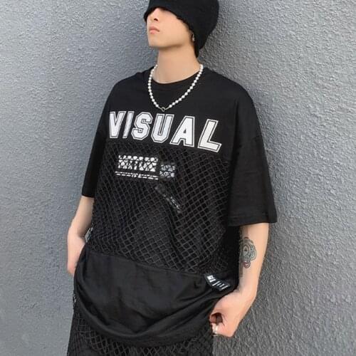 Visual Letter Print Mesh Hip Hop Summer Black Men TShirts Casual Streetwear Oversized Tees Loose T-Shirts Fashion Tops Pullover