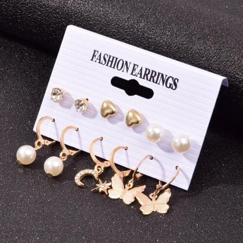 XUAN NGAN 6 Pairs/Set Vintage Gold Color Heart Earrings Set for Women Moon Star Crystal Stud Pearl Butterfly Earring Jewelry