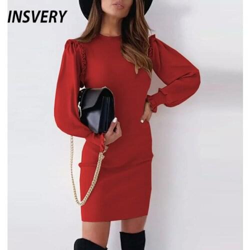 Office Lady Dress 2021 Autumn Ruffle Sleeve Mini Dress Women Elegant O Neck Solid Party Dresses For Women Fashion Short Dress