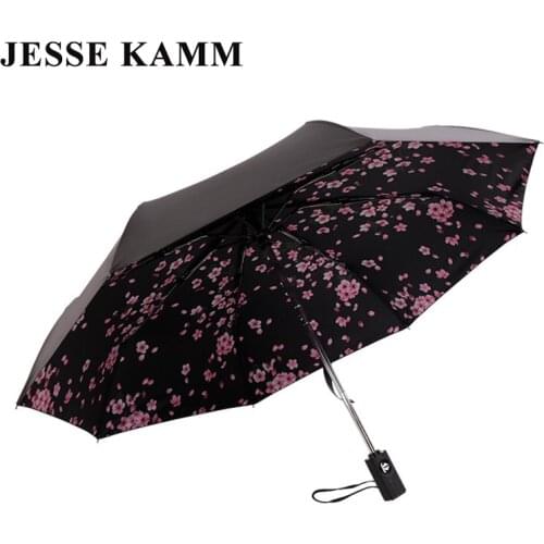 JESSEKAMM Peach blossom Automatic Compact Folding Sun Rain Umbrellas Strong Frame Fiberglass Spokes For Women Ladies Girl Gift