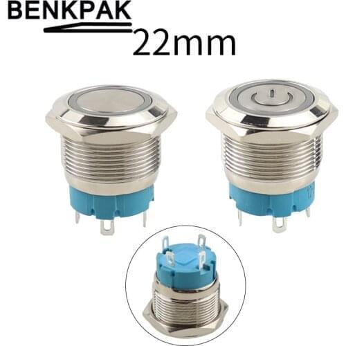 1PC 3V 6V 12V 24V 220V 22mm LED Power Push Button Switch Momentary/Latching Waterproof Metal Self-Locking